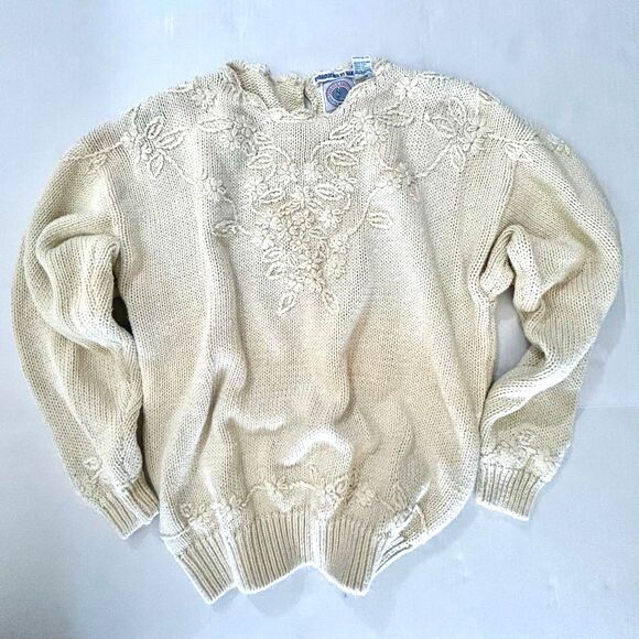 VTG Cape Isle Knitters Hand Embroidered, Floral Knit Sweater, Ivory, L, Cottage - Picture 4 of 6